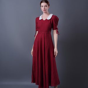Burgundy Contrast Collar Puff Sleeve Midi Dress