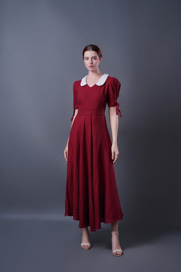 Burgundy Contrast Collar Puff Sleeve Midi Dress